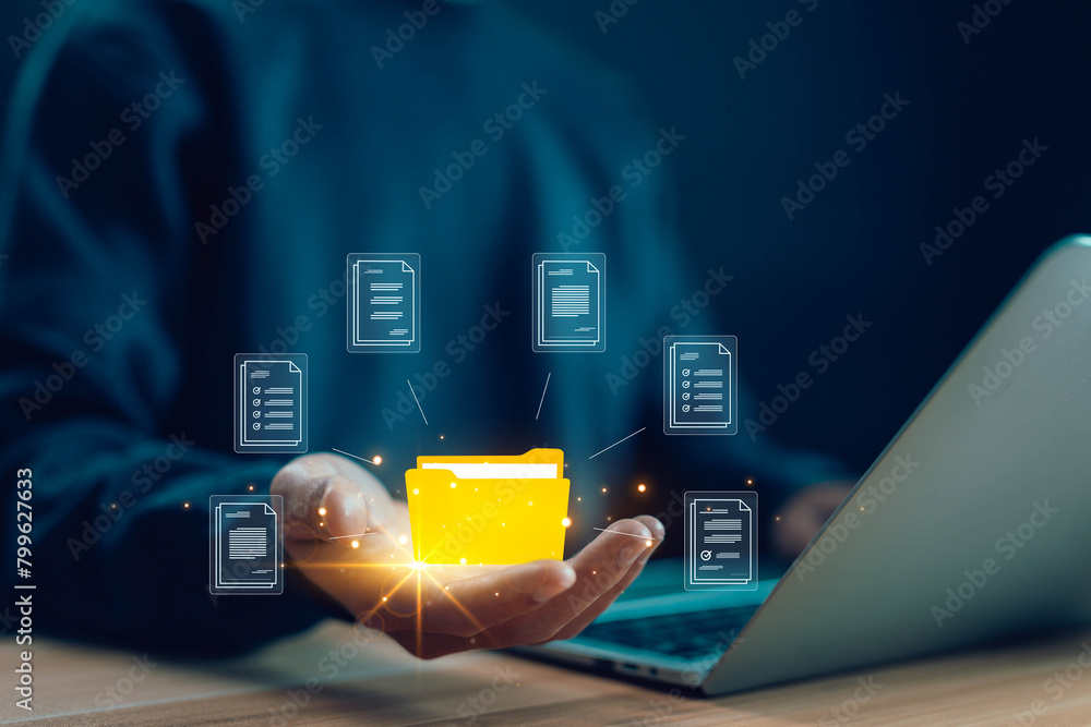 Poster hand show document files electronic digital manages data on a laptop, business paperless. enterprise
