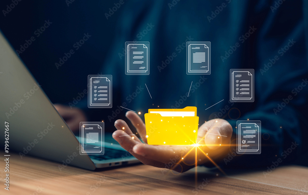 Poster hand show document files electronic digital manages data on a laptop, business paperless. enterprise