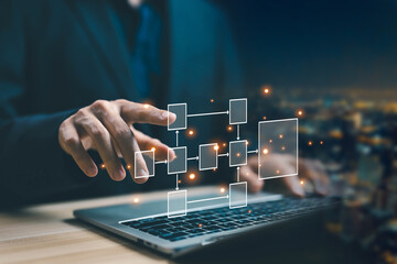 businessman using a laptop shows a business process hierarchy scheme, and diagram algorithm flow. organigram design workflow automation with flowcharts, model structure digital and data management