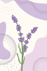 Botanical wall art with lavender sprig and spots in trendy style. Concept template for greeting cards, banner, social media design, invitations, covers, wall art. Vector illustration