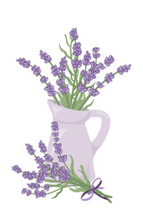 Fototapeta premium Hand painted bouquet of blooming lavender in purple jug and lavender bouquet with purple ribbon.Contemporary abstract painting. Template for social media and design cards, invitations, covers. Vector 