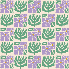 Colorful seamless pattern with lavender flowers and twigs. Vintage hippie style background. Geometric checkered print wallpaper, spring natural background with purple flowers. Vector illustration