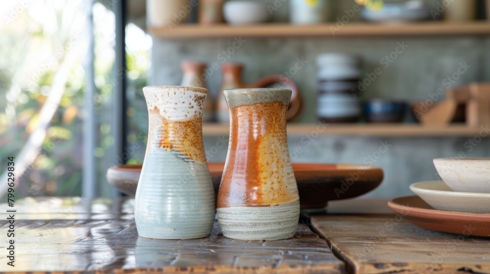 Poster a set of handbuilt salt and pepper shakers each with a different texture and glazed in coordinating 