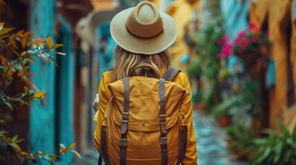 young woman wearing hat and backpack enjoying summer vacation in popular touristic place. View from back. Wanderlust concept.