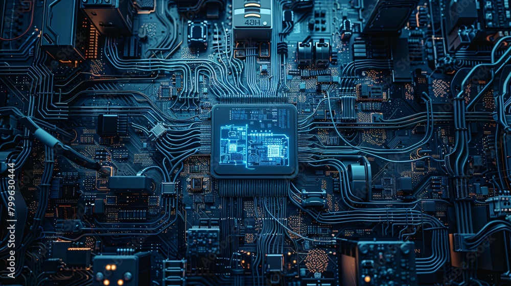 Poster a close up of a computer circuit board with a glowing blue processor chip.