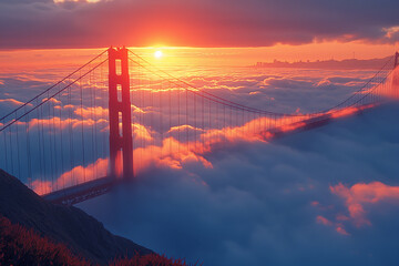 Fog flows through the Golden Gate at sunset