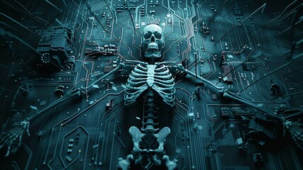 A skeleton lying on a srkitt bordd. The skeleton is wired into srkitt bordd.