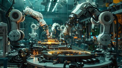 A welding robot arm in a factory