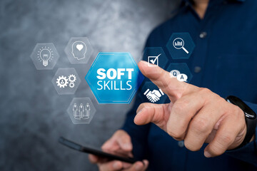 Soft skills concept. Person touching Soft skills icon for interpersonal skills interacting with...