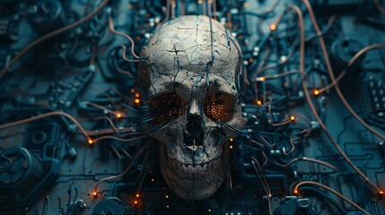 Fototapeta premium circuit board skull with glowing eyes