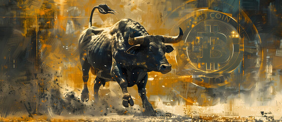 a moving bull with bitcoin logo as background web banner cover