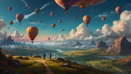 A surreal landscape where gravity is optional and the sky is a canvas for a myriad of playful, colorful characters ai_generated