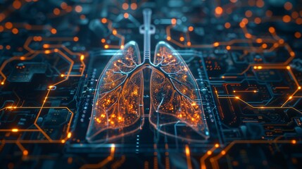 Circuit board with a glowing orange and blue image of the human lungs imposed on it.