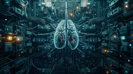circuit board with a pair of lungs made of fiber optics