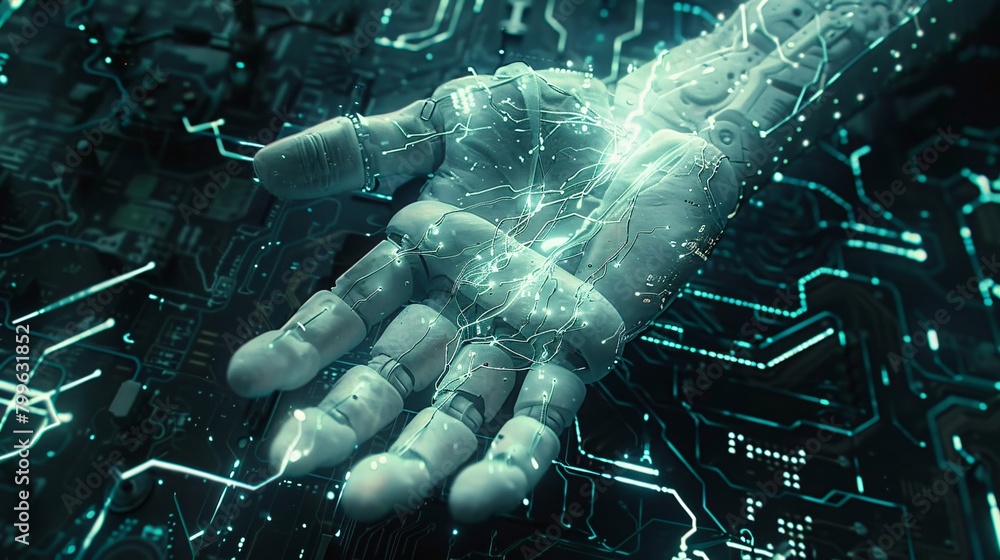 Poster circuitry flows through a robot hand.