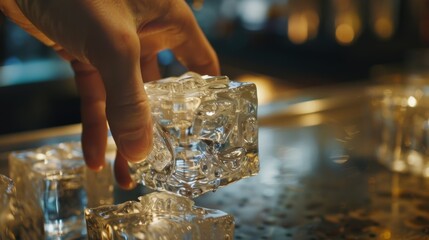 A hand reaches for a carefully crafted specialty ice cube sculpted into an intricate shape and ready to be added to a drink.