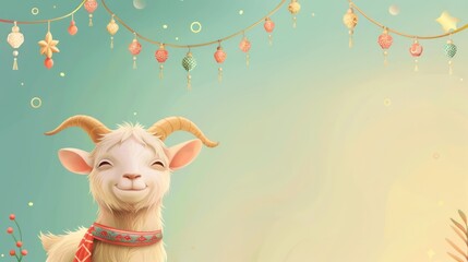 Fototapeta premium Illustration of a goat, the sacrificial animal of Muslims on the Eid al-Adha holiday, with an Islamic decorative ornamental background.