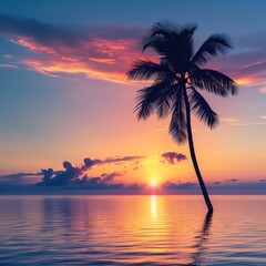beautiful landscape of sea ocean with silhouette coconut palm tree at sunset or sunrise,  Summer days in beach