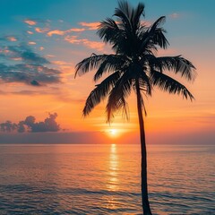 beautiful landscape of sea ocean with silhouette coconut palm tree at sunset or sunrise,  Summer days in beach