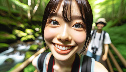 渓流沿いをトレッキングする日本人の少女