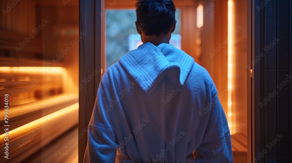 Poster a person wearing a robe stepping out of the sauna after a session feeling energized and invigorated 