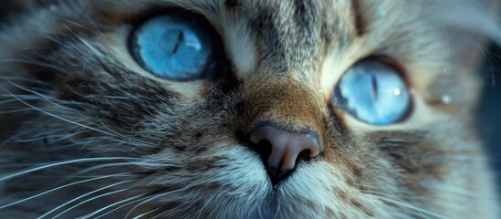 A beautiful feline with stunning blue eyes is looking up attentively at the camera