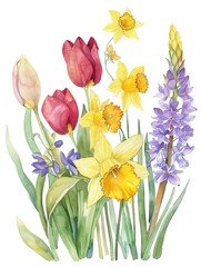 A soft watercolor depiction of spring blossoms, featuring bright and cheerful tulips and daffodils, set against a white background.