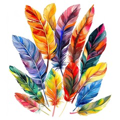 A vibrant watercolor artwork displaying an assortment of tropical bird feathers, with bold and bright colors, set against a white background.