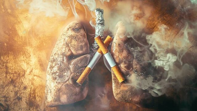 World No Tobacco Day concept. You could see two cigarettes crossed over dirty lungs. Lungs damaged by smoking. Encourage a healthier, smoke-free lifestyle. 4K Videos