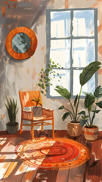 Interior design painting of living room with potted plants and a chair