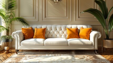 Living Room Sofa Classic: A 3D vector illustration of a classic sofa in a traditional living room setting