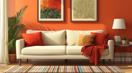 Living Room Sofa Coziness: A vector illustration depicting a cozy living room setting with a warm