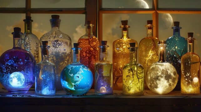 A dazzling display of bewitched bottles glimmers in the light of a full moon their contents shimmering with otherworldly hues that . .