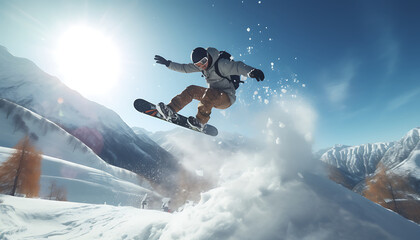Snowboarder in mid-air against a vivid blue sky, performing a dynamic jump on a snowy mountain. Generative AI - obrazy, fototapety, plakaty