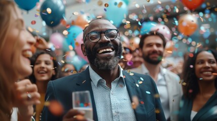 Celebration of Success: Diverse Team Congratulating a Colleague with Radiant Smile, Surrounded by Confetti and Balloons in an Office Setting