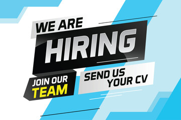 Hiring recruitment design for banner poster. We are hiring lettering with geometric shapes lines. Vector illustration typographic. Open vacancy design template

