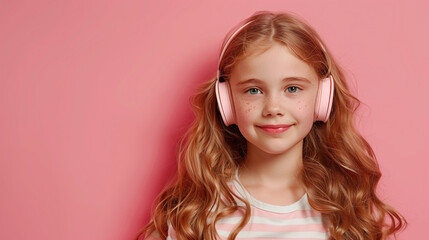Smiling Young Girl With Pink Headphones Against a Plain Pink Background. Generative AI