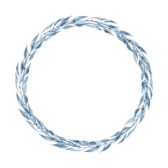 Laurel wreath with blue abstract leaves and branches. Hand drawn watercolor illustration on transparent background. Indigo monochrome round frame. Copy space for logos, cards and invitation designs