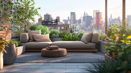 Outdoor Sofa Urban Oasis: A 3D illustration of an outdoor sofa in an urban oasis