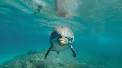 A detailed view of a dolphin swimming gracefully under the water, showcasing its sleek body and distinctive fin. The dolphins smooth movements create ripples in the clear blue water around it.
