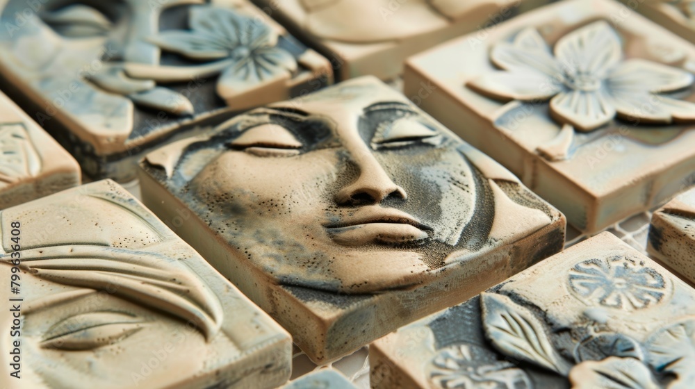 Poster a set of ceramic tiles featuring layered designs each one telling a unique story and adding characte