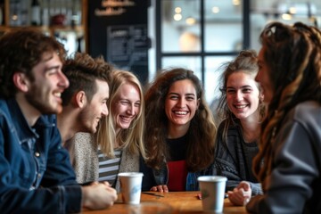 Group of happy young people having fun in a pub or restaurant.