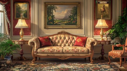 Vintage Sofa Elegant Living: Illustrations depicting vintage sofas in elegant living spaces