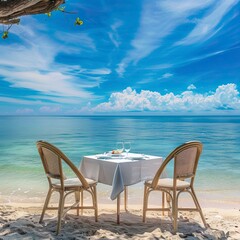 Chair and table on the beach and sea with blue sky, Summer days in beach, Valentine Beach setup
