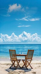 Chair and table on the beach and sea with blue sky, Summer days in beach, Valentine Beach setup
