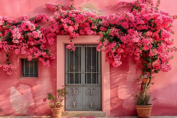 A lovely emerging and budding bougainvillea tree in the exterior of a house develops an enveloping visual element and space, Generative AI.