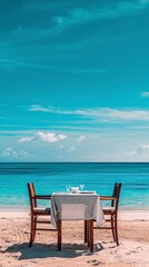 Chair and table on the beach and sea with blue sky, Summer days in beach, Valentine Beach setup