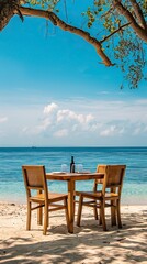 Chair and table on the beach and sea with blue sky, Summer days in beach, Valentine Beach setup