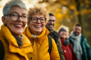 Group of senior people walking in the autumn park. Smiling elderly woman with friends.
