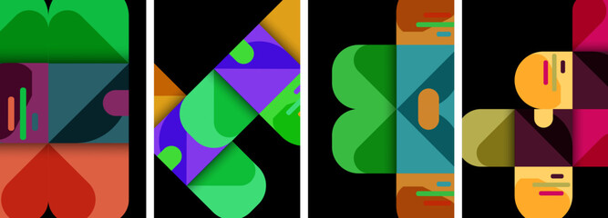 Obraz premium A vibrant collage of colorful geometric shapes in magenta, glass, and various tints and shades, creating a visually striking pattern on a black background